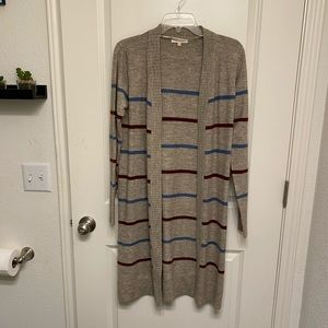 Long duster length stripe red and blue cardigan